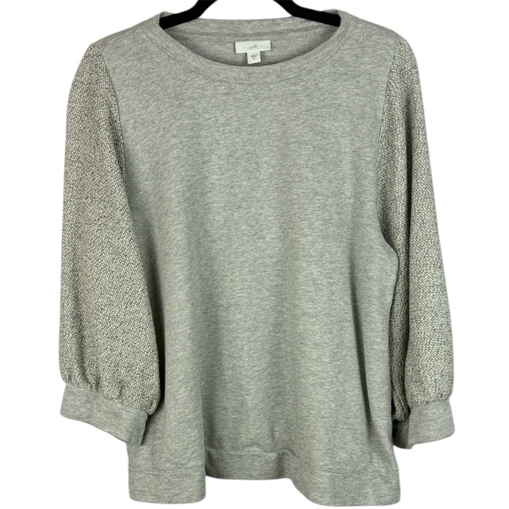 J. Jill Light Gray Cotton Blend Textured Sleeves Oversized Medium Sweatshirt